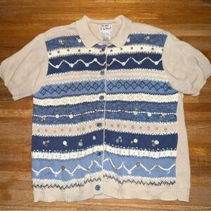 Koret City Blues Petites LG Cream Blue Knit Embroidered Bead Button Up Cardigan